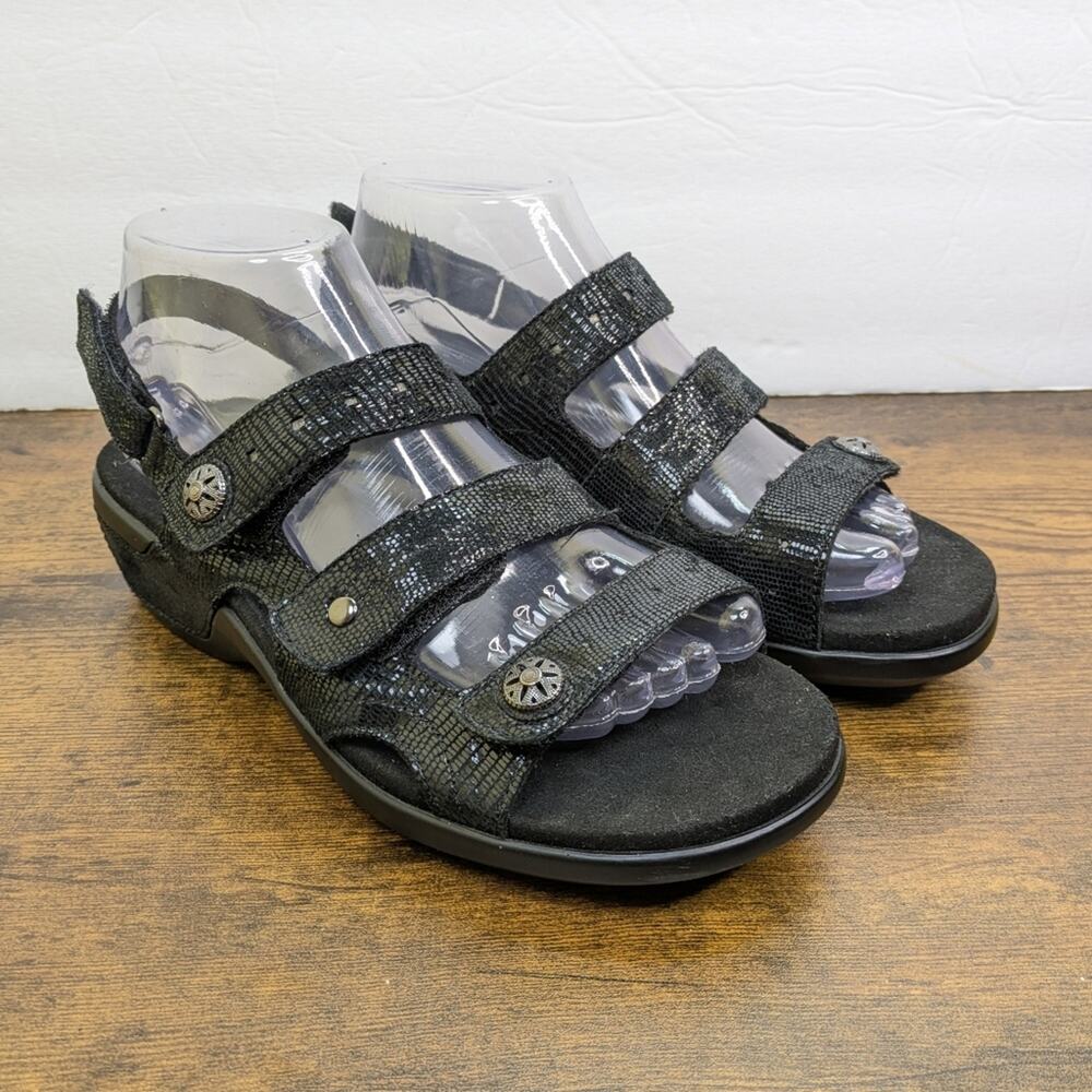 Aravon Power Comfort Three Strap Sandals 7 Black Slingback Adjustable Shoes Walk